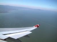 Virgin Atlantic circling the San Mateo Bridge